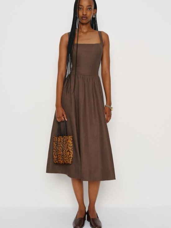 Reformation Dresses & Skirts - NEW Reformation Janu Square Neck Midi Linen Dress Chocolate Cake Brown US 0 UK 4